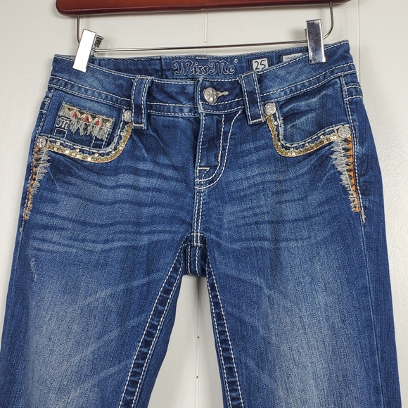 Miss Me embrroidered, rhinestone, studded signature boot cut jeans size 25 - Picture 7 of 14